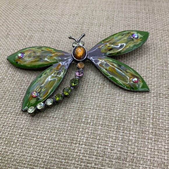 Dragonfly Enamel Multi Colored Rhinestone Gun Metal Brooch Pin - Picture 7 of 8